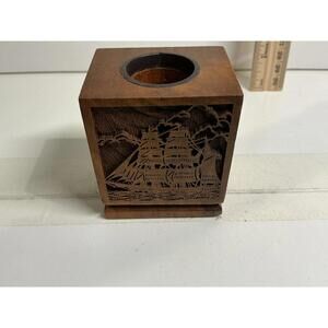 Vintage Solid American Walnut Desk Pen Holder Sailing Ship Lasercraft 2.5"